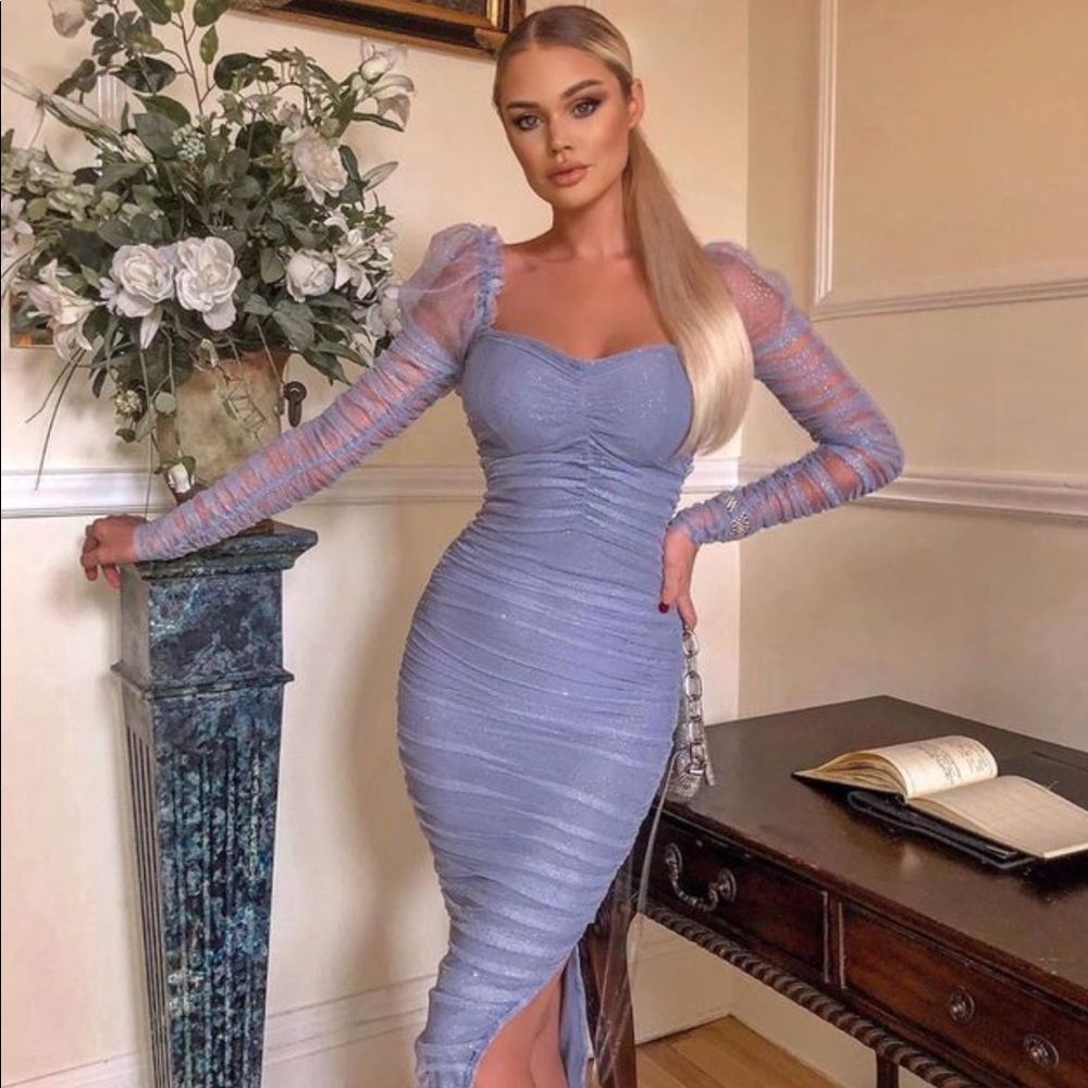 A Glittery Mesh Midi Dress- Ice Blue